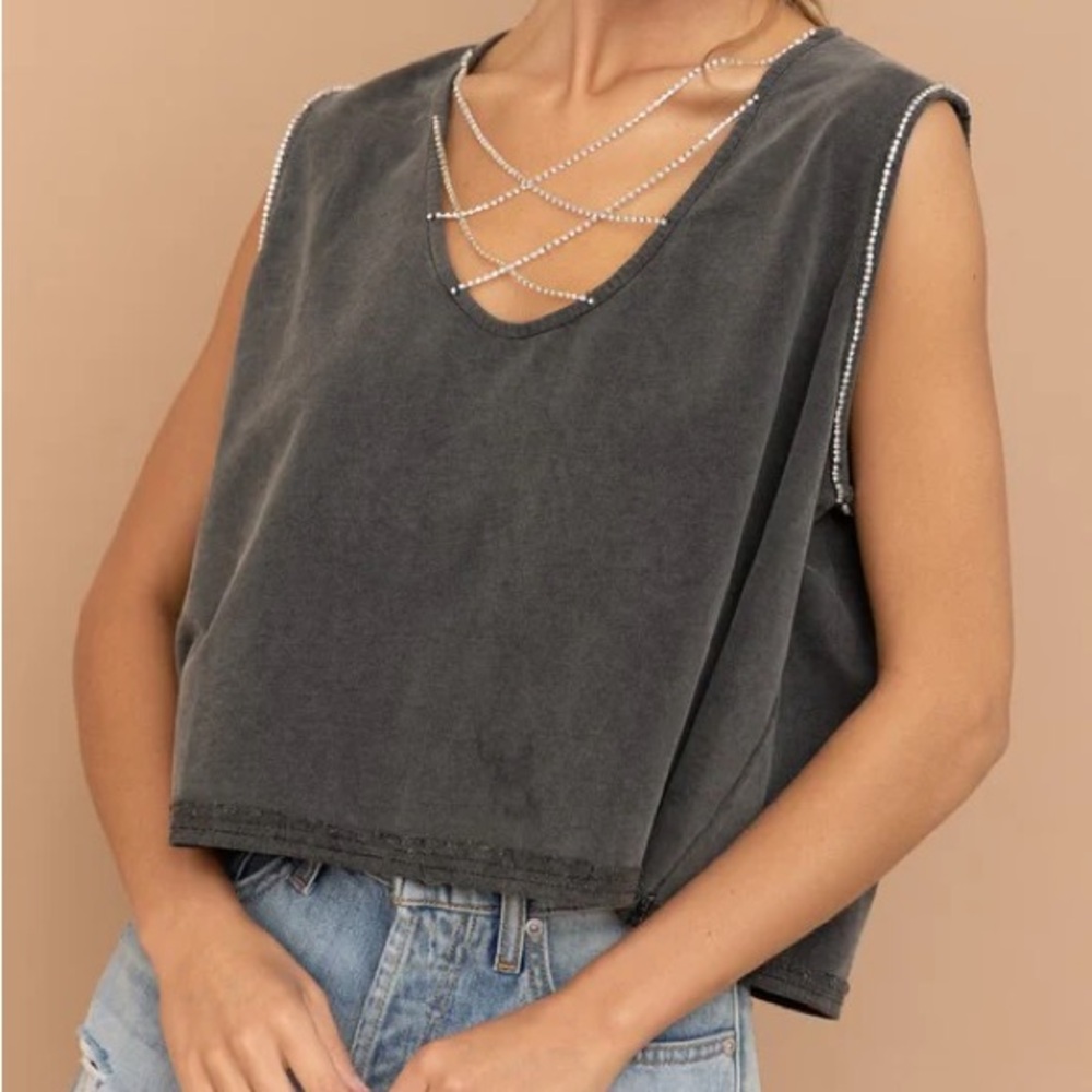 BLUE B MINERAL WASHED RHINESTONE CROPPED TANK